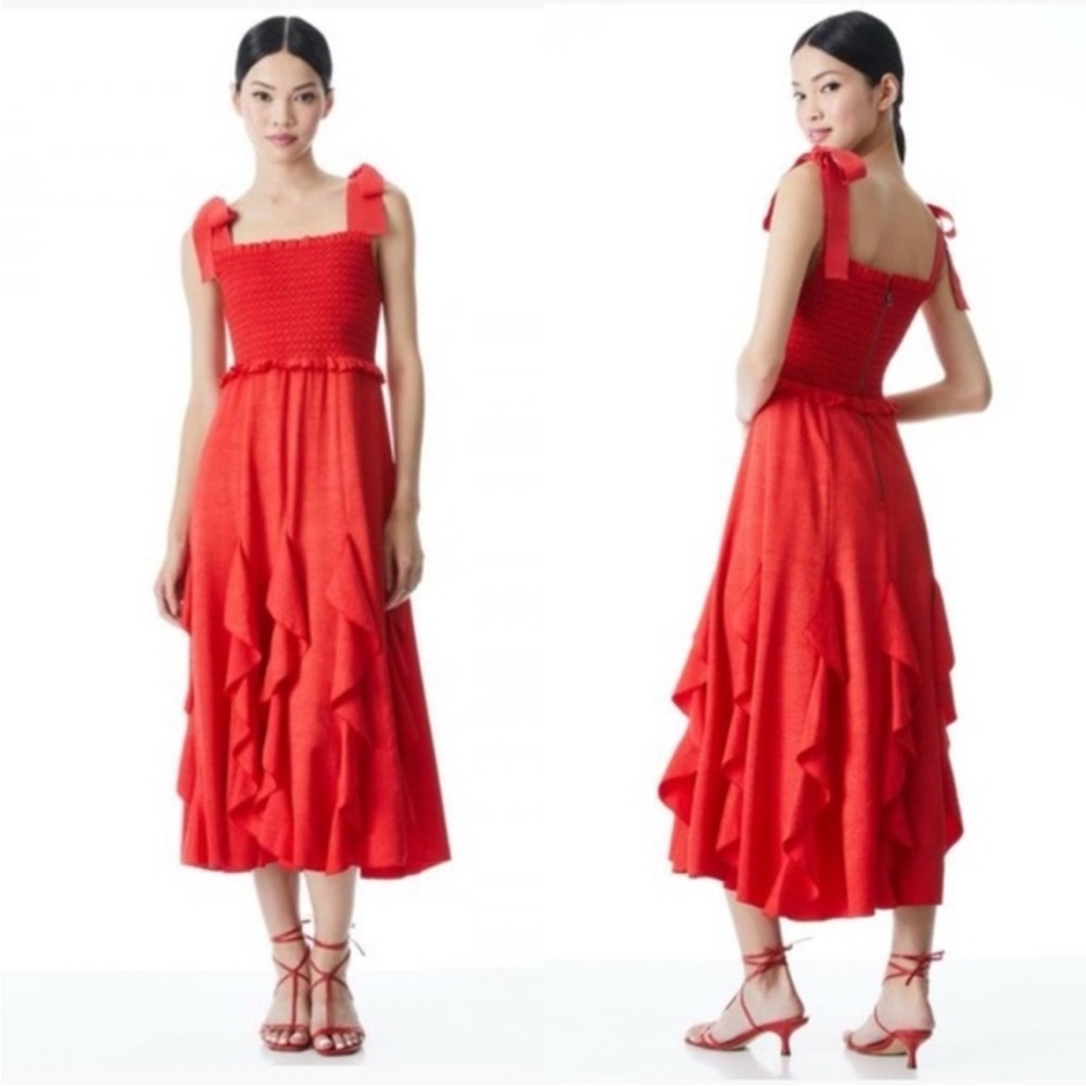 Alice + Olivia Jocelyn Bold Poppy Red Ruffle Shoulder Tie Dress NWT